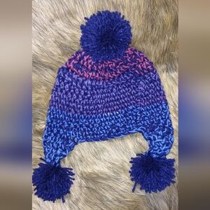 Cozy Kids' Blue Multi Crochet Hat With Ear Flaps And Pom Poms. Fit Most 3-10 Yrs